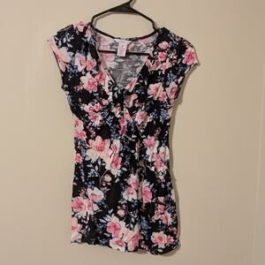 Candie's Pink, Blue, And Black Floral Top With Ruffles